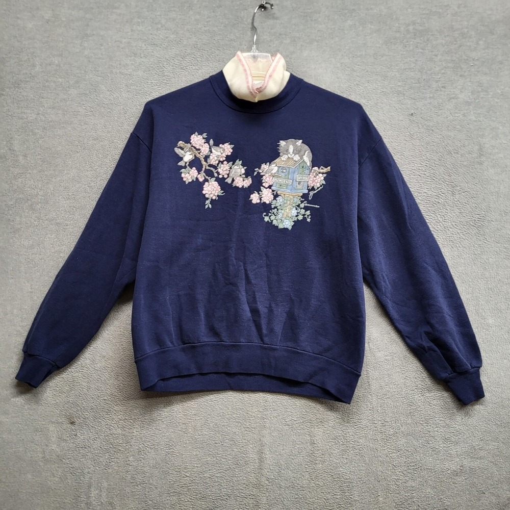 VINTAGE Morning Sun Women Sweater XL Blue Floral Bird Kitten Pullover READ